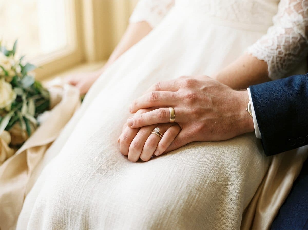 The couple's hands resting one over the other, wedding rings on their fingers.